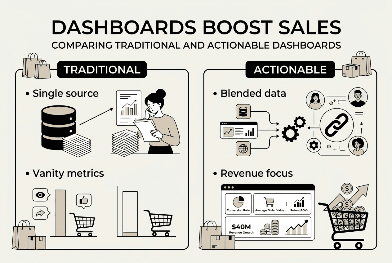 Infographic comparing traditional and actionable dashboards