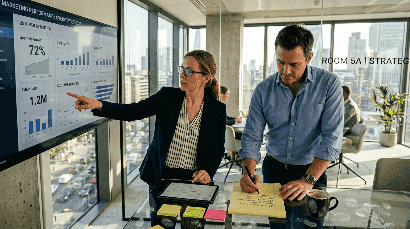 Team discussing dashboard metrics in conference room