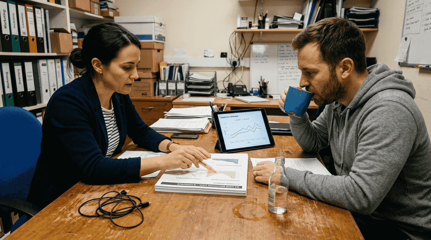 Team analyzing printed behavioral segmentation data