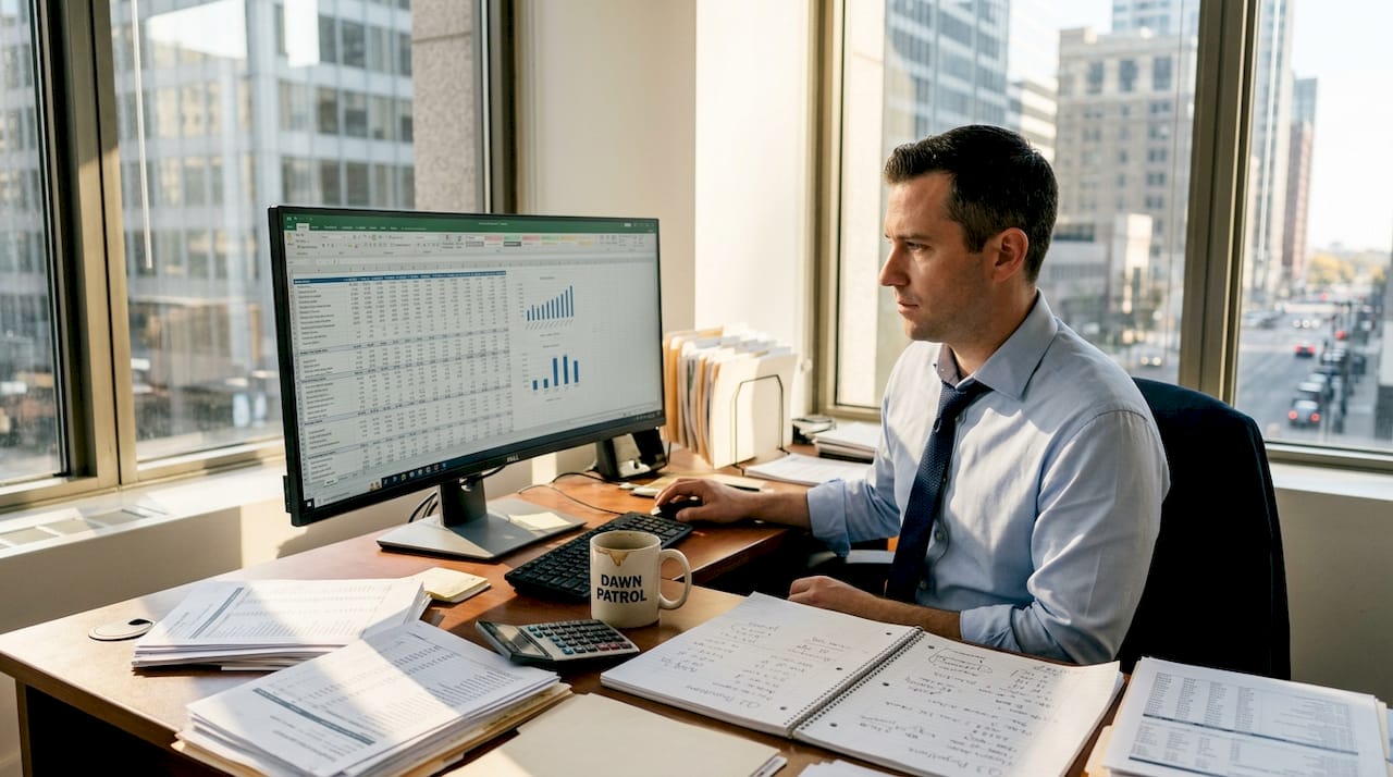 Business analyst at desk reviewing purchase data