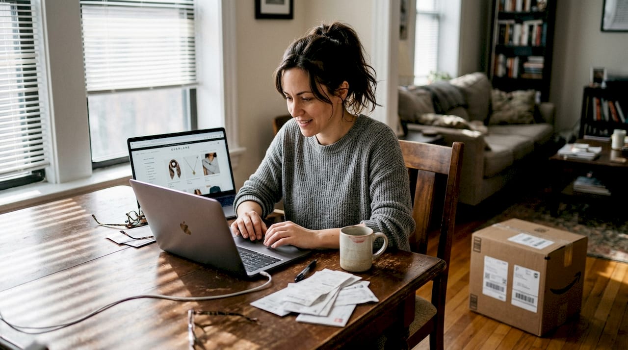 Woman shopping online in lived-in home workspace