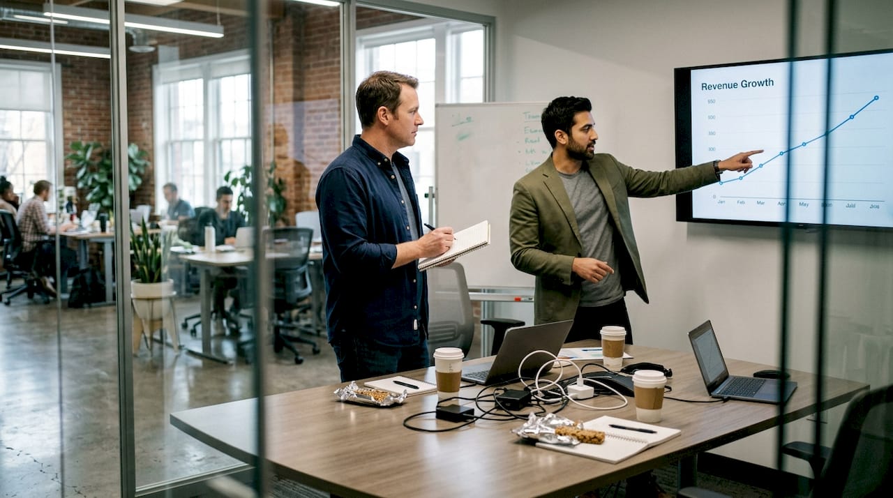 Team discussing analytics in coworking office