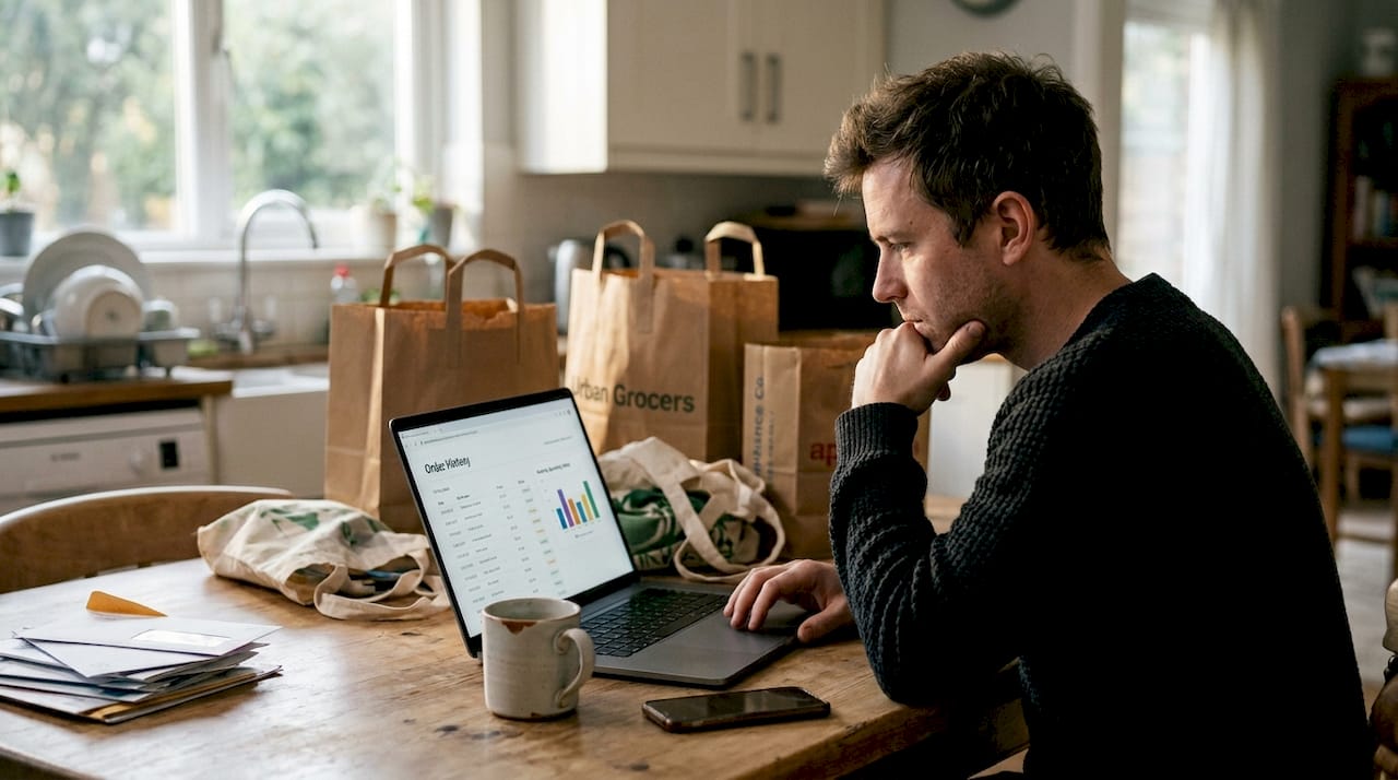 Shopper browsing online purchase history at kitchen table
