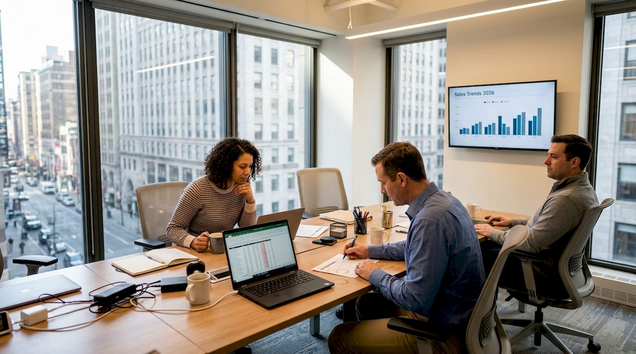 Analytics team working in city office workspace