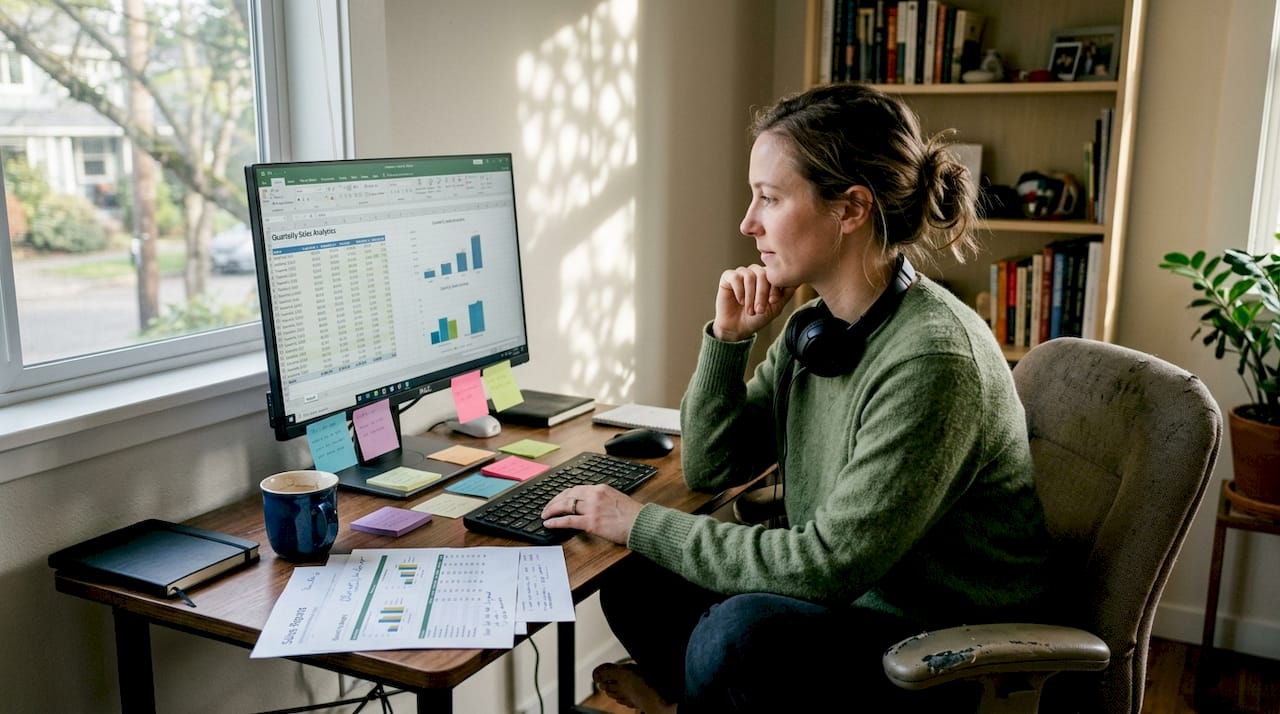 Woman reviewing ecommerce analytics at home desk