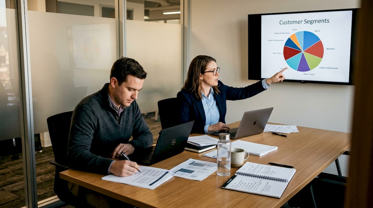 Marketing team reviewing customer segments chart