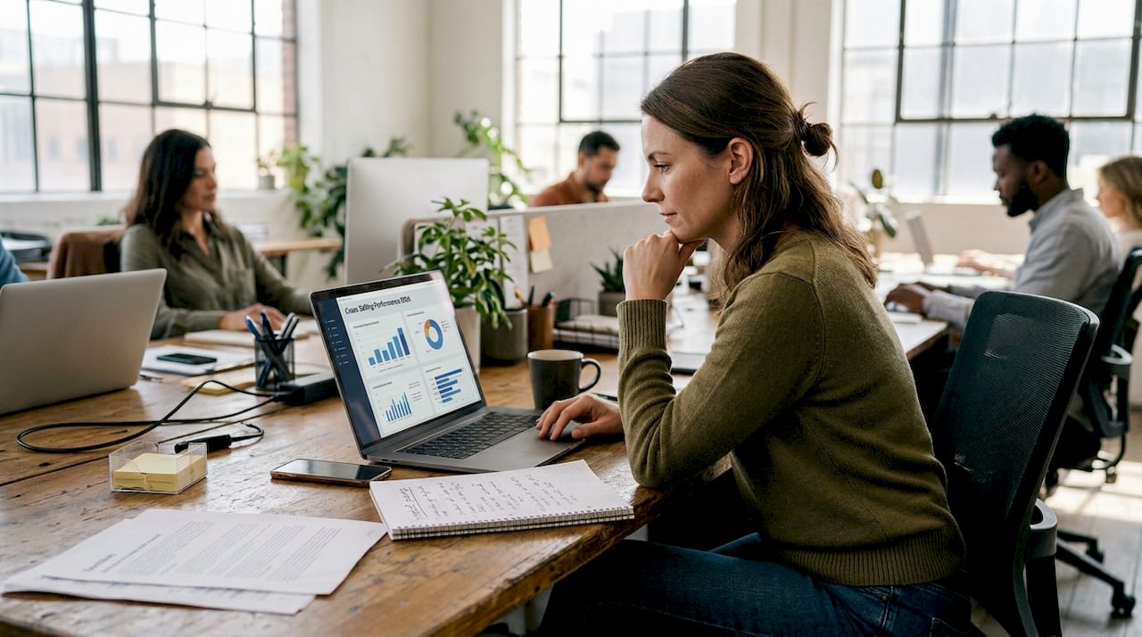 Woman reviewing ecommerce cross-sell sales dashboard