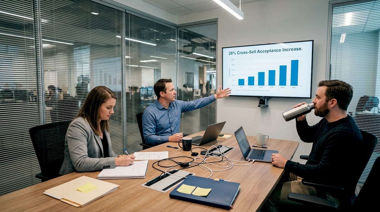 Team discussing AI-driven cross-sell sales results