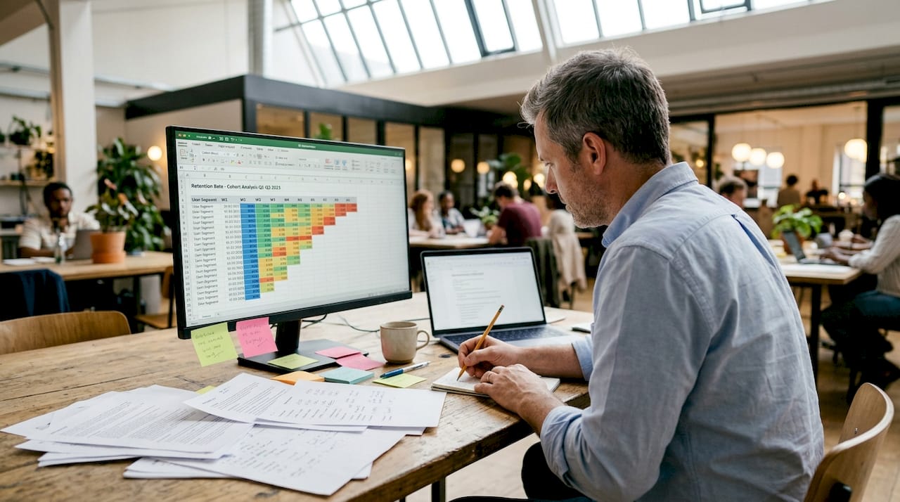 Analyst tracks customer cohorts on spreadsheet
