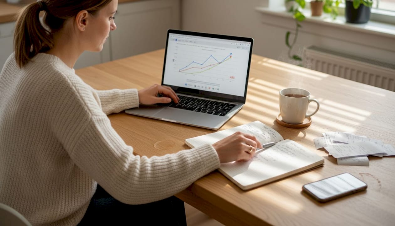 E-commerce analyst reviewing sales data at home