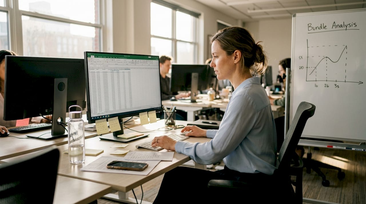 Woman reviews transaction data for bundling