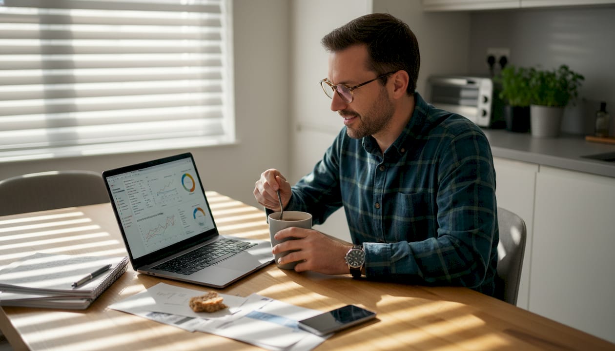 Ecommerce manager reviews AI sales dashboard at home