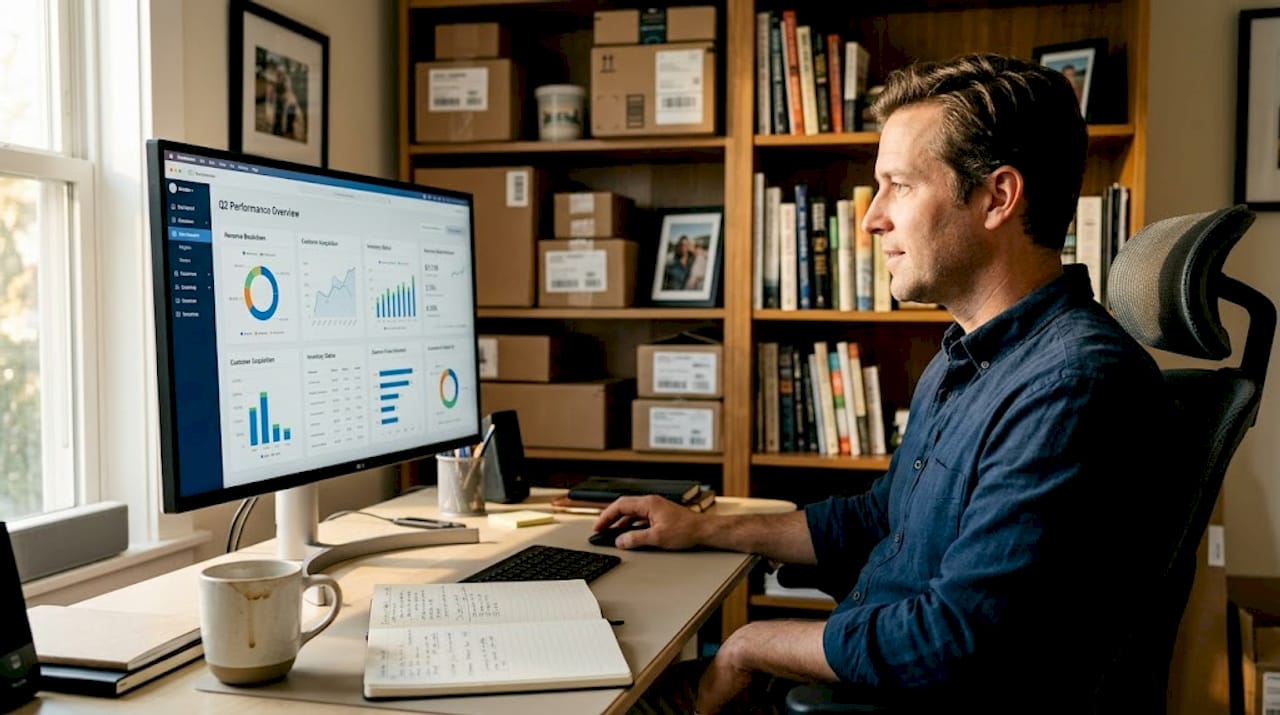 Man analyzing sales report at home desk