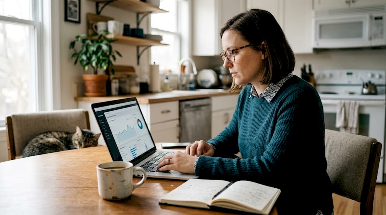 Woman reviews customer analytics at home table