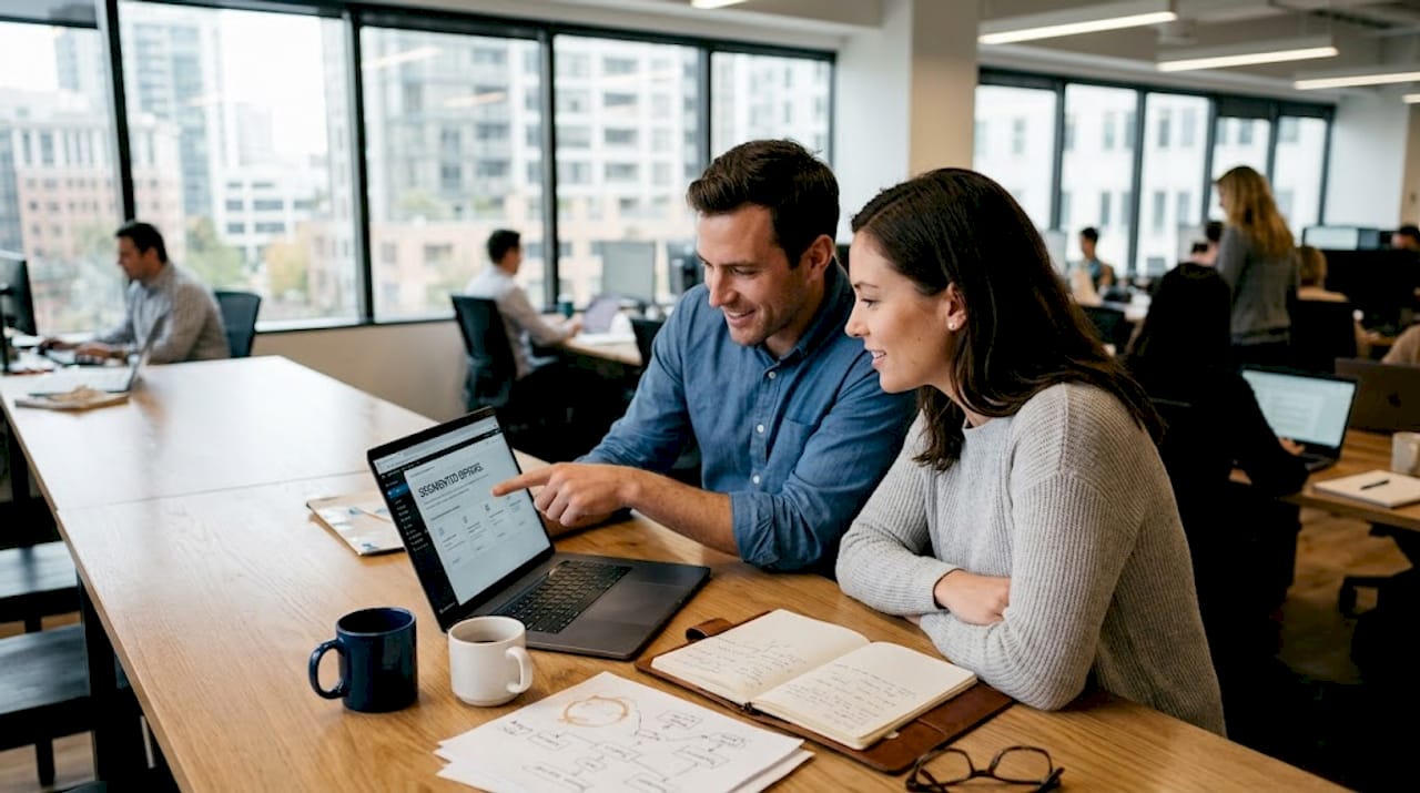 Colleagues discuss segmentation at busy office table
