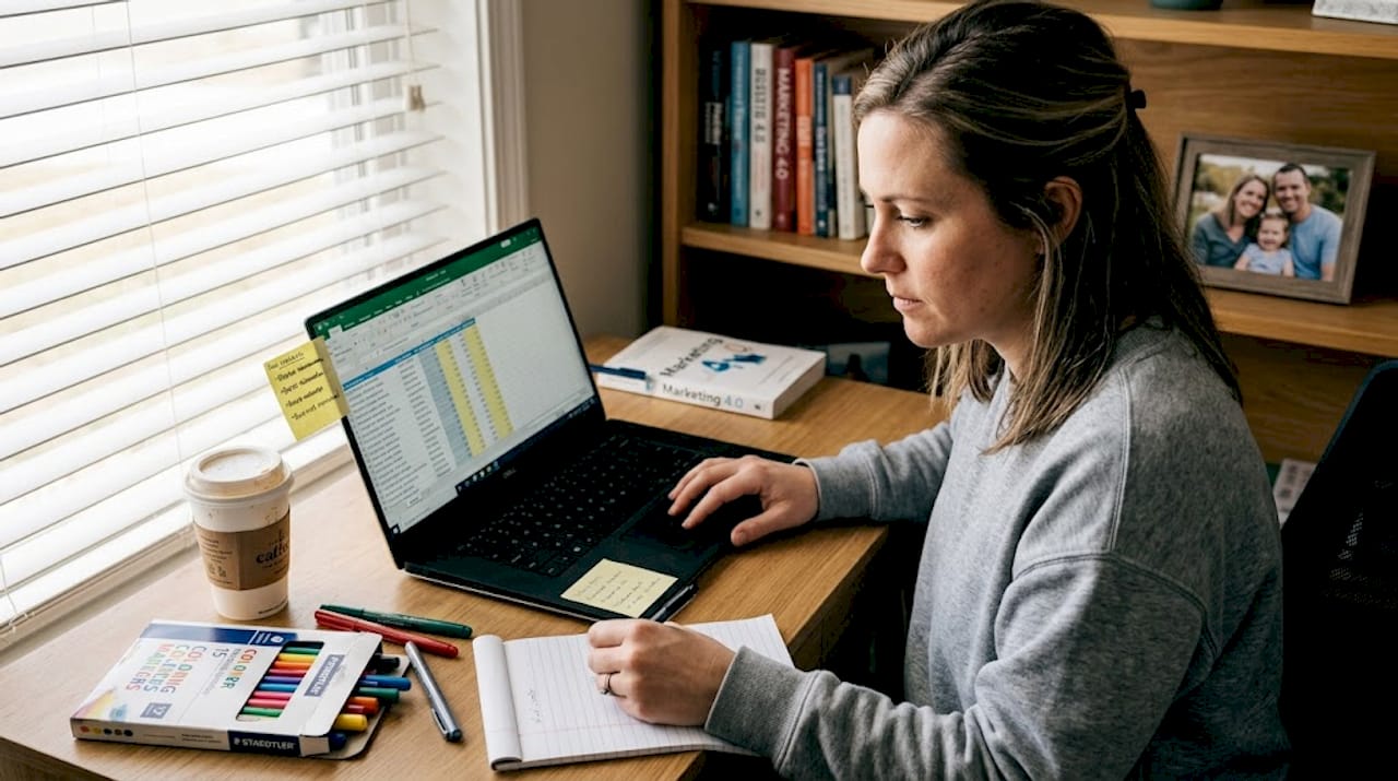 Marketer updating segmentation spreadsheet at home desk