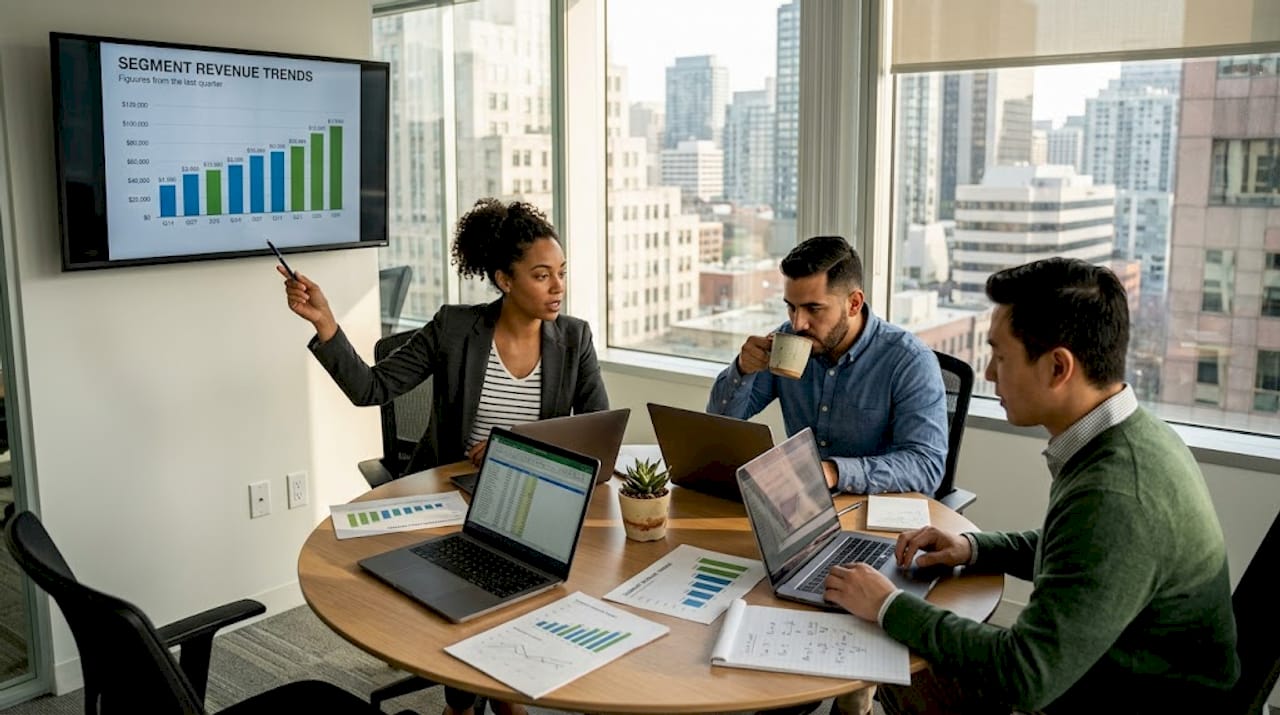 Team analyzing marketing data in corner office
