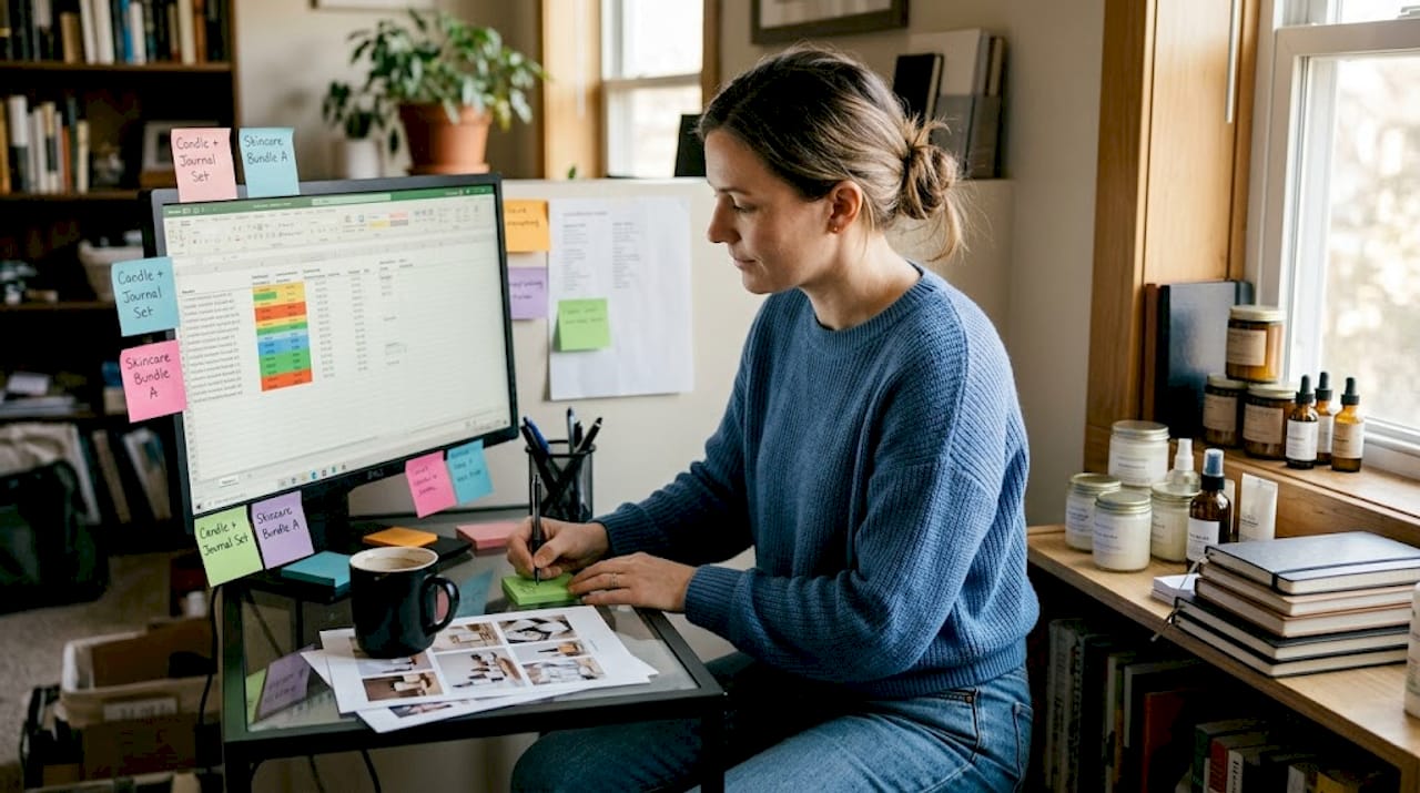 E-commerce manager organizing product bundles