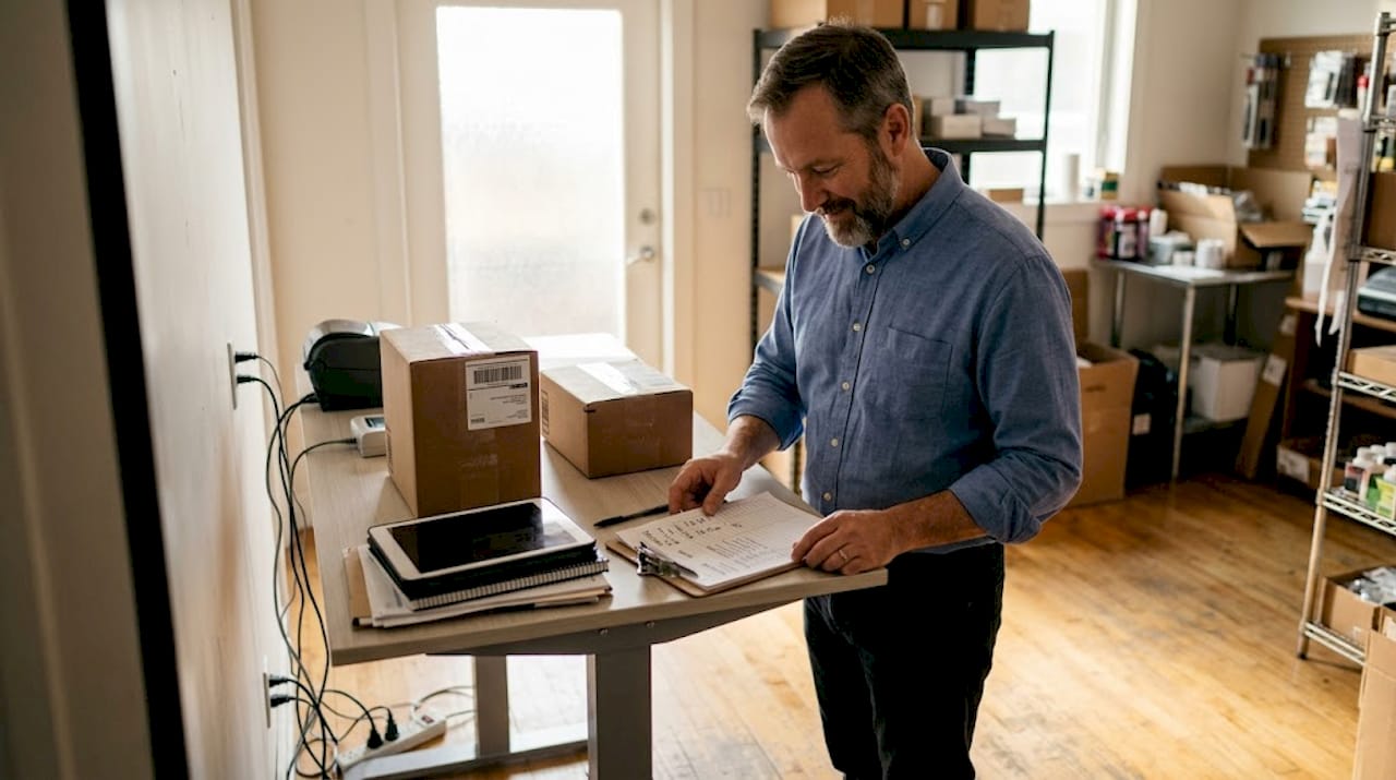 Man reviewing inventory orders in back room