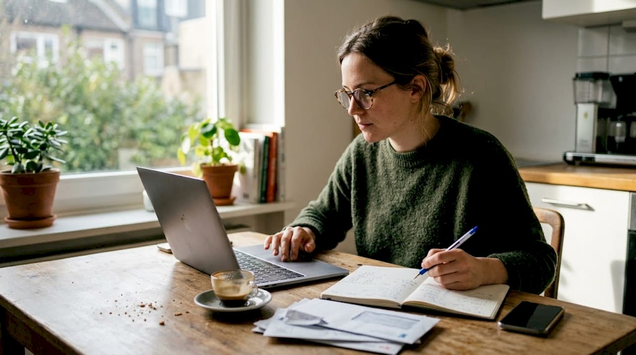 Woman in kitchen workspace reviewing e-commerce analytics