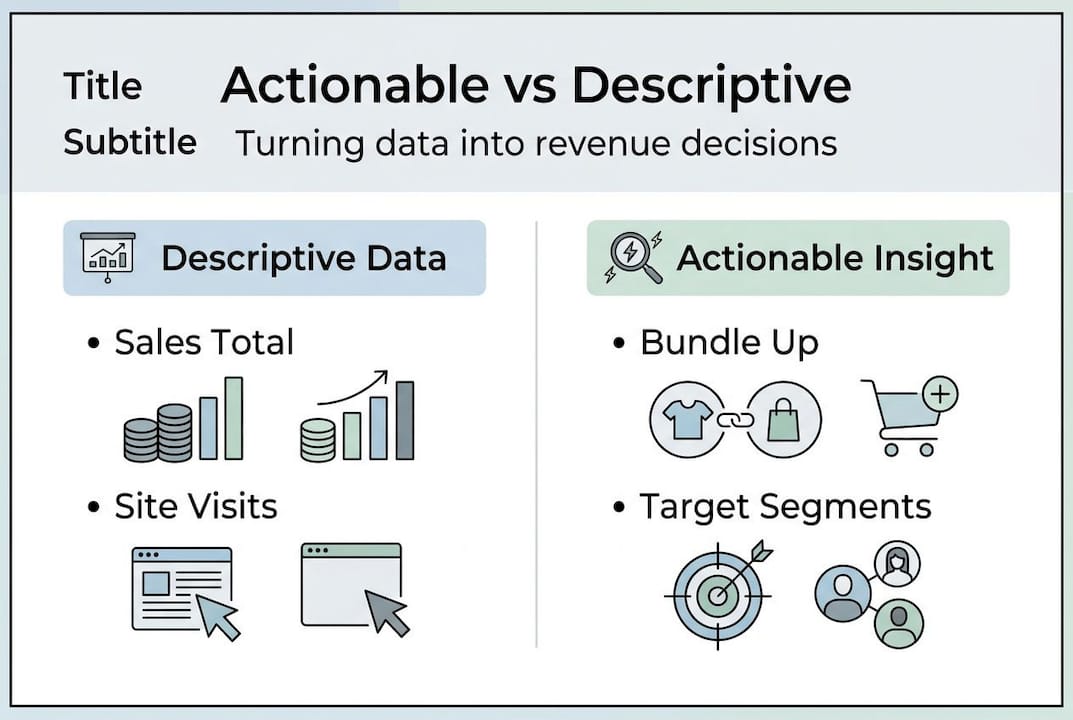 Infographic contrasting descriptive and actionable analytics