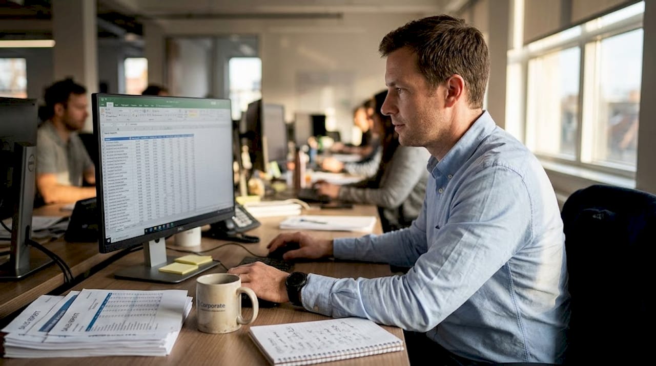 Manager reviewing transaction data at desk