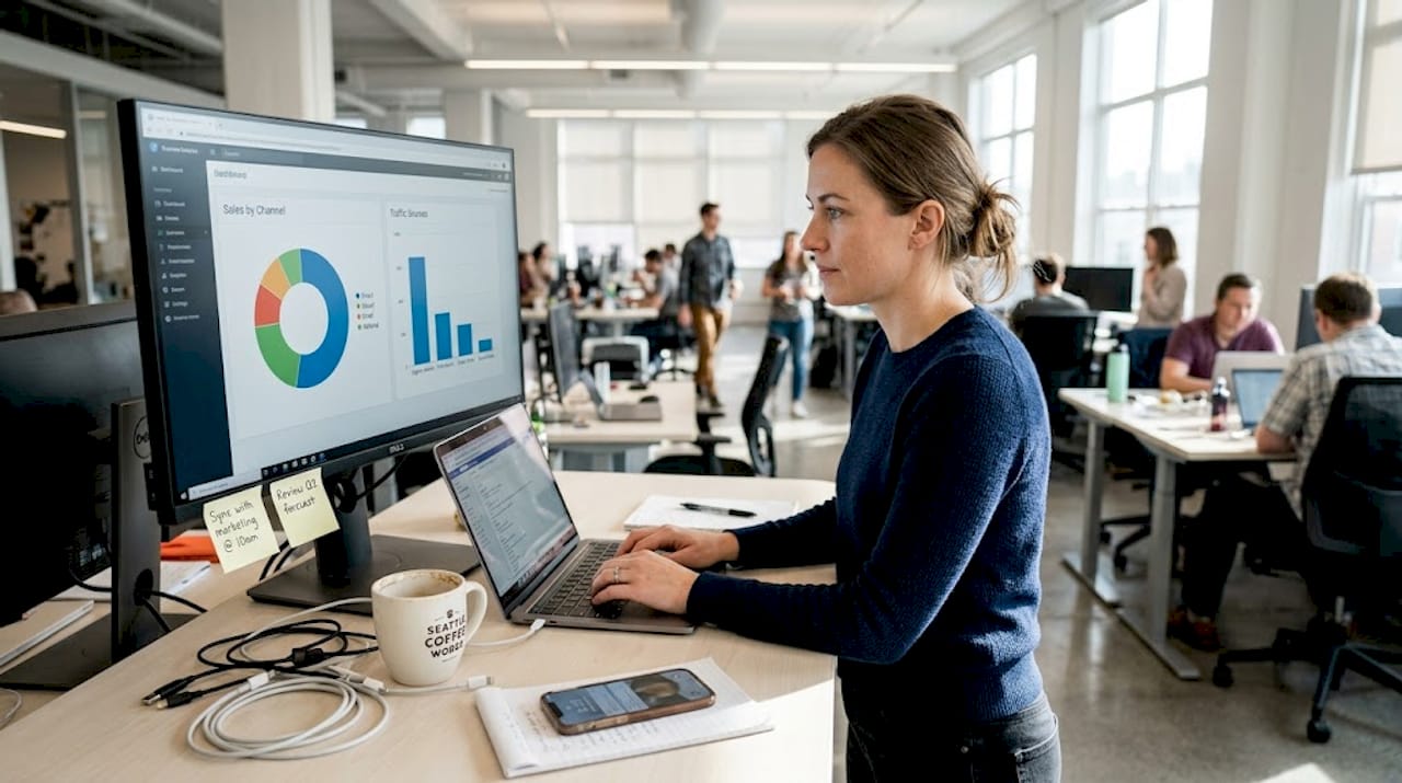 E-commerce manager at desk reviewing analytics