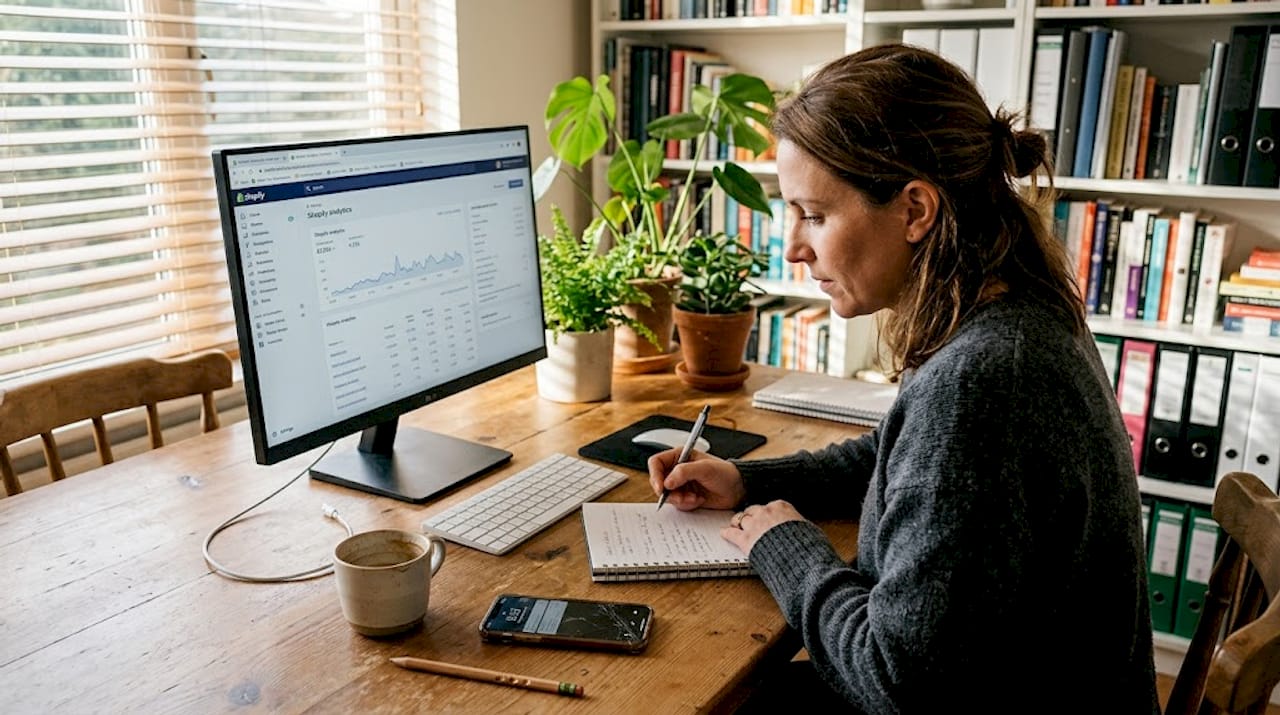 Person reviewing Shopify analytics at home desk