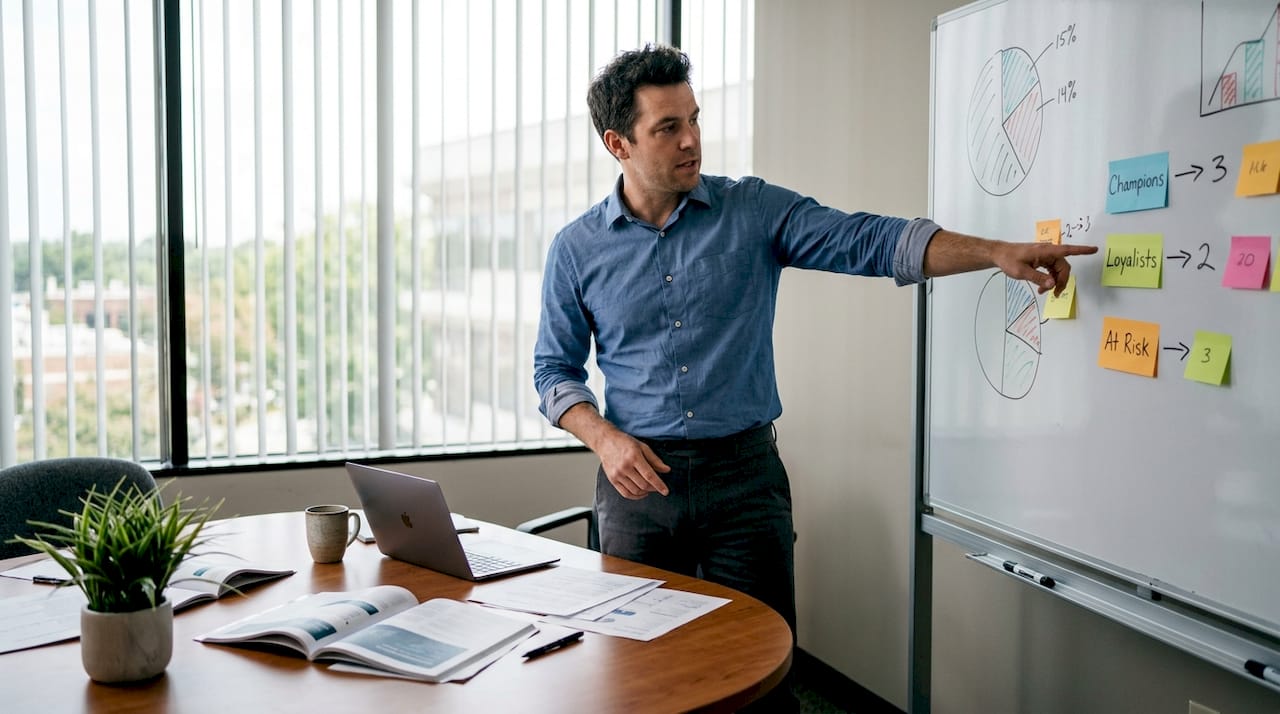 Marketer explains customer segmentation on whiteboard