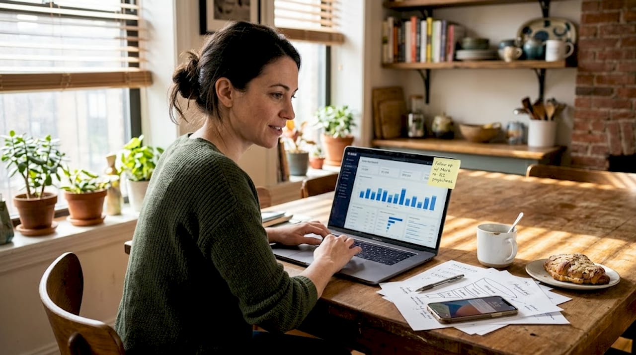E-commerce manager reviewing analytics in kitchen