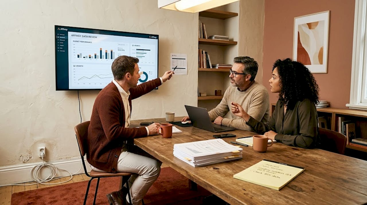 Analysts discussing models with monitor dashboards