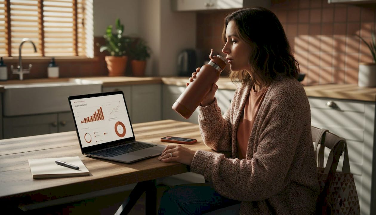 Woman analyzing e-commerce data at kitchen table
