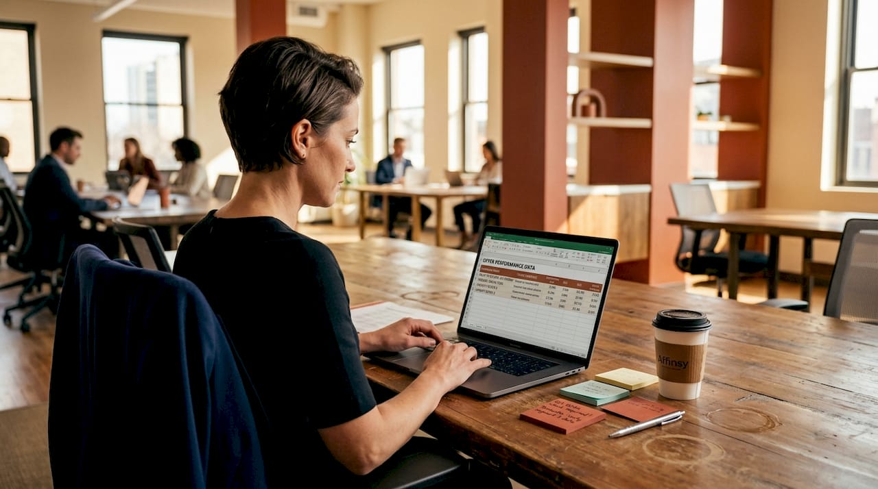 Retail analyst reviewing offer data on laptop