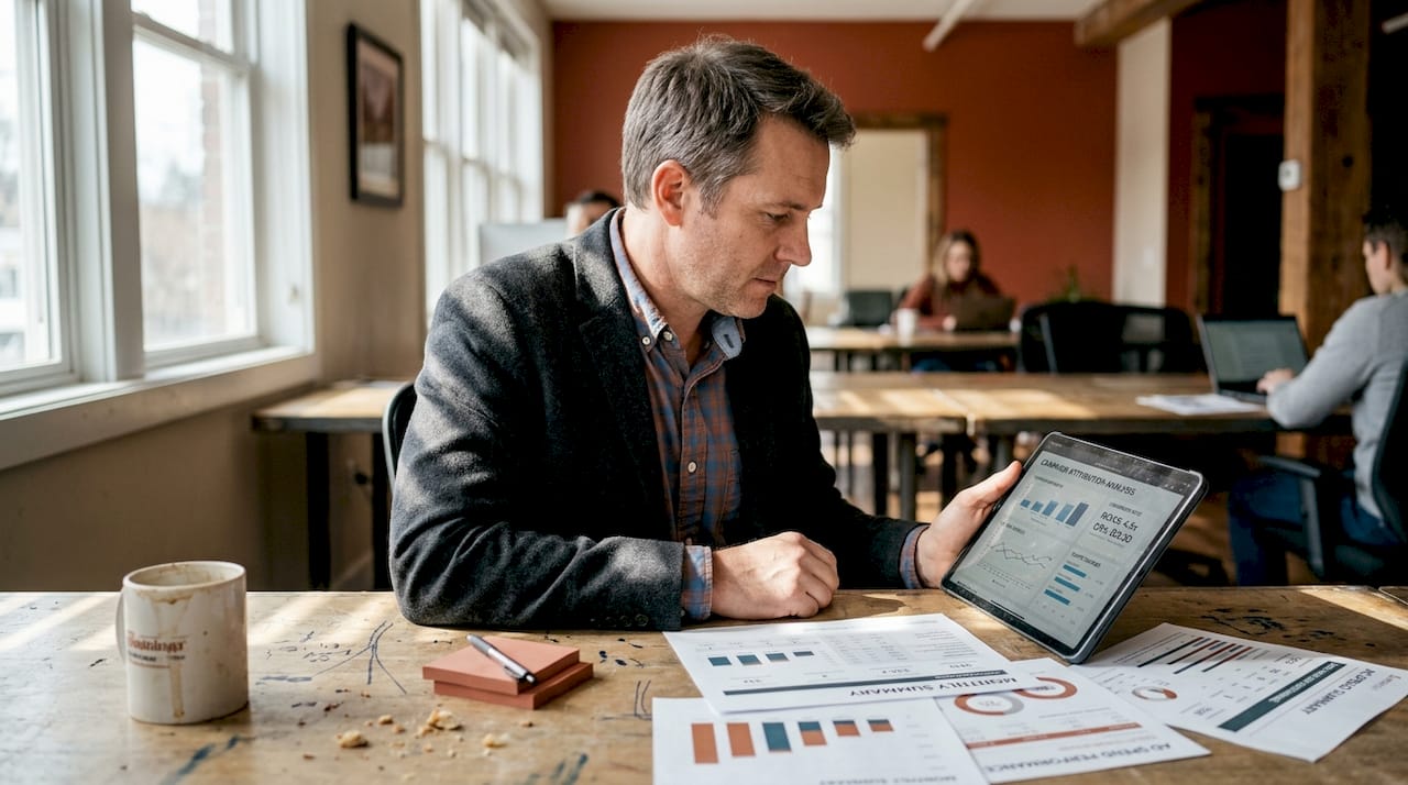 Man reviewing marketing attribution metrics