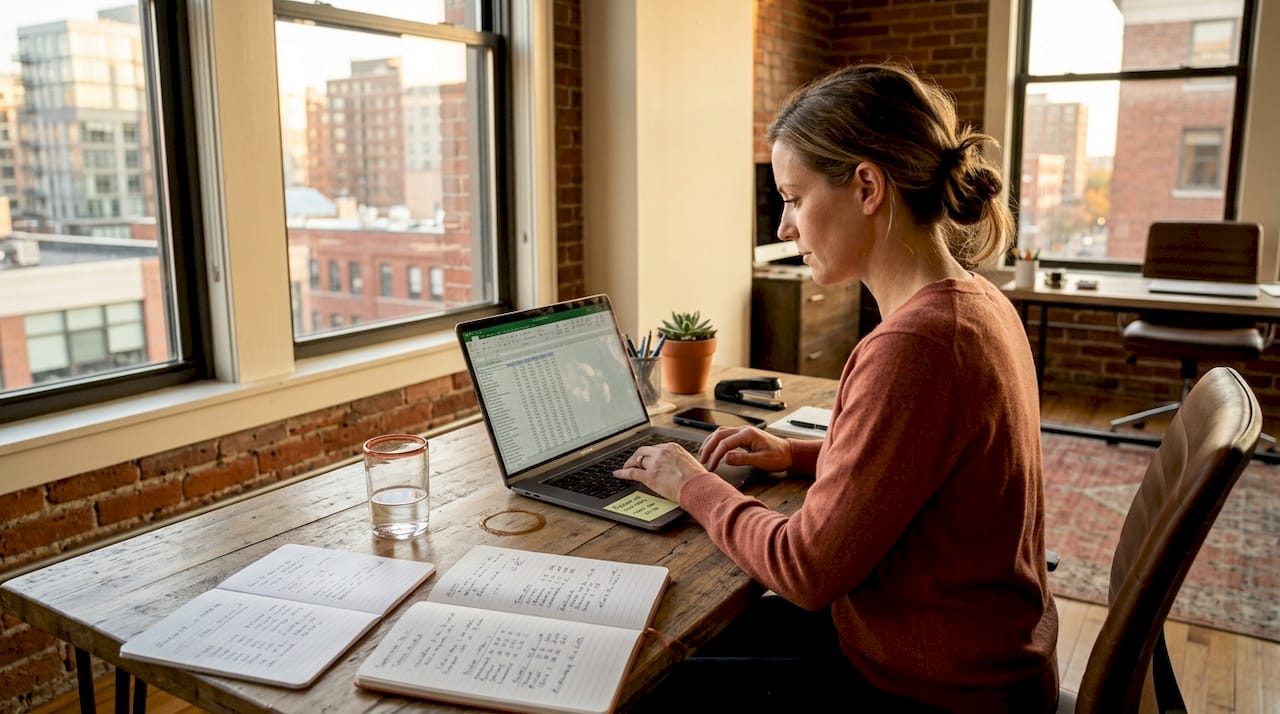 Businesswoman reviewing ecommerce sales spreadsheet