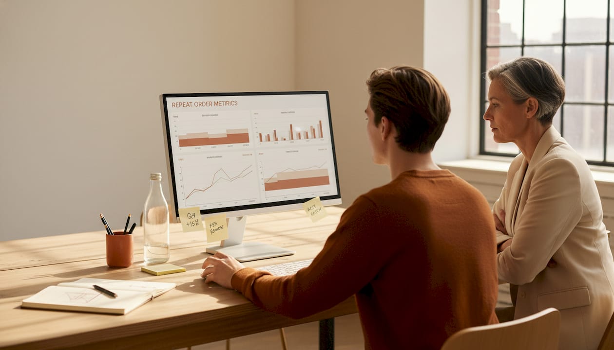 Team reviewing retention metrics in open office
