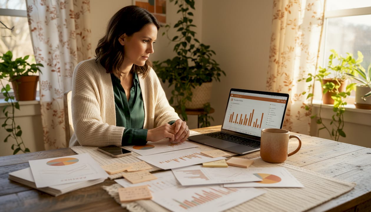 Ecommerce manager reviewing sales data at home workspace