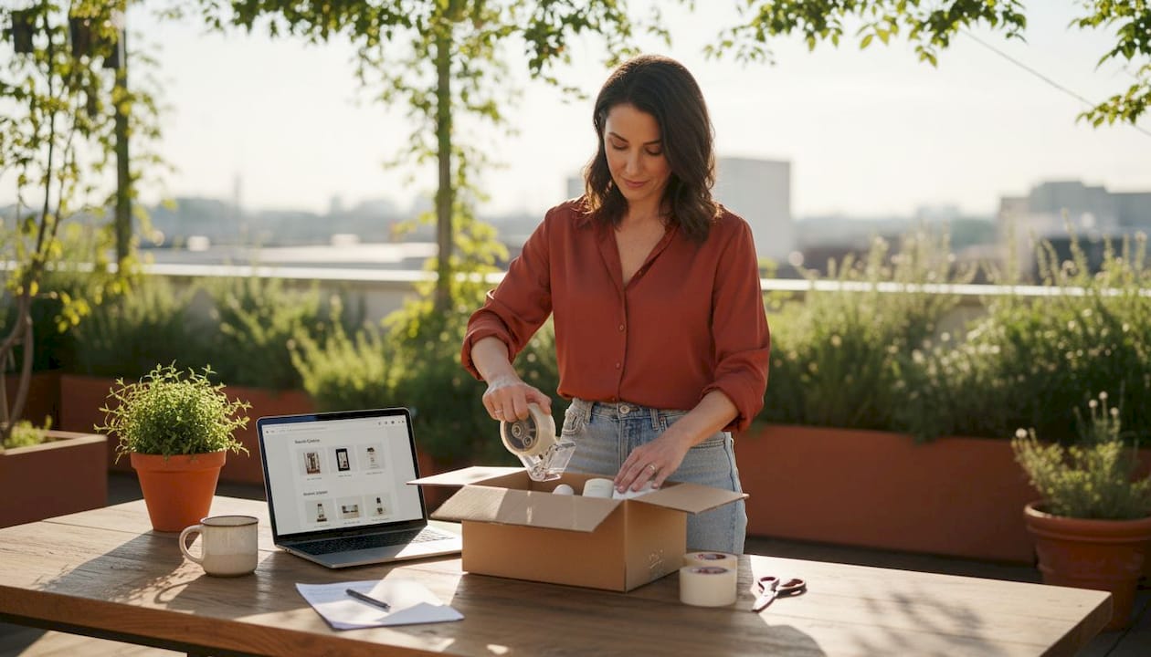 Business owner assembling product bundle kit