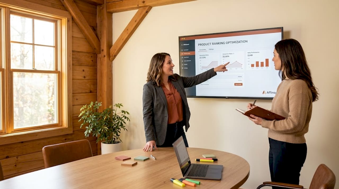 Ecommerce managers adjusting digital storefront display