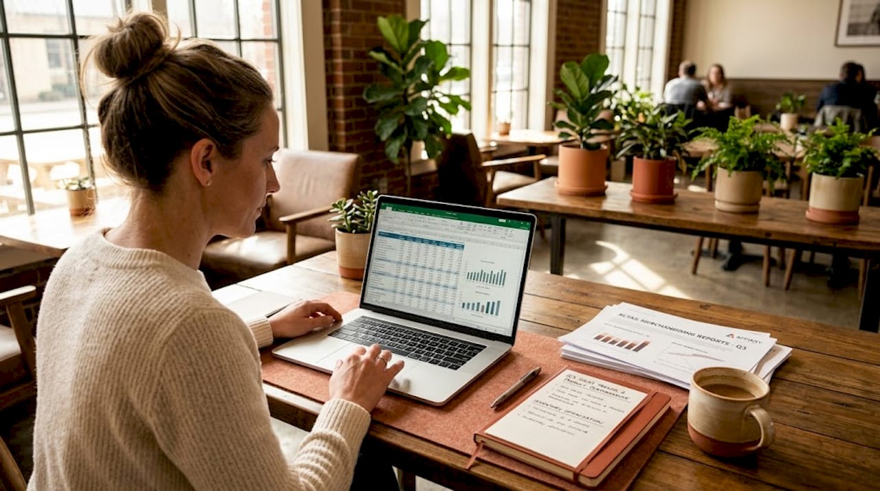 Retail analyst reviewing merchandising data in office