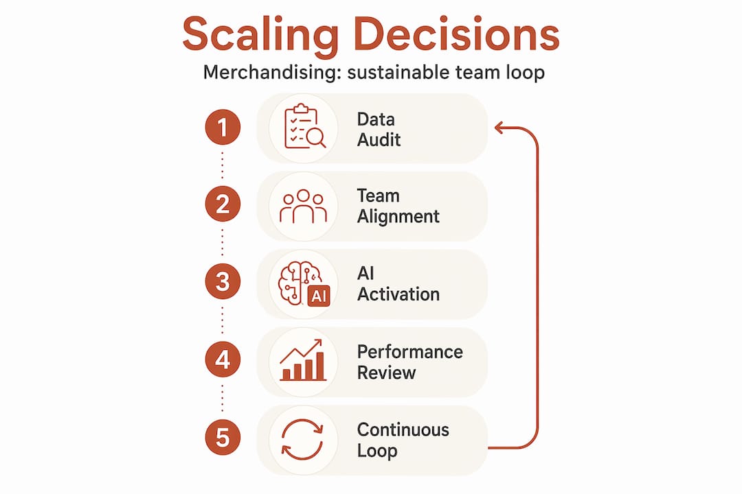 Infographic showing scaling steps for merchandising
