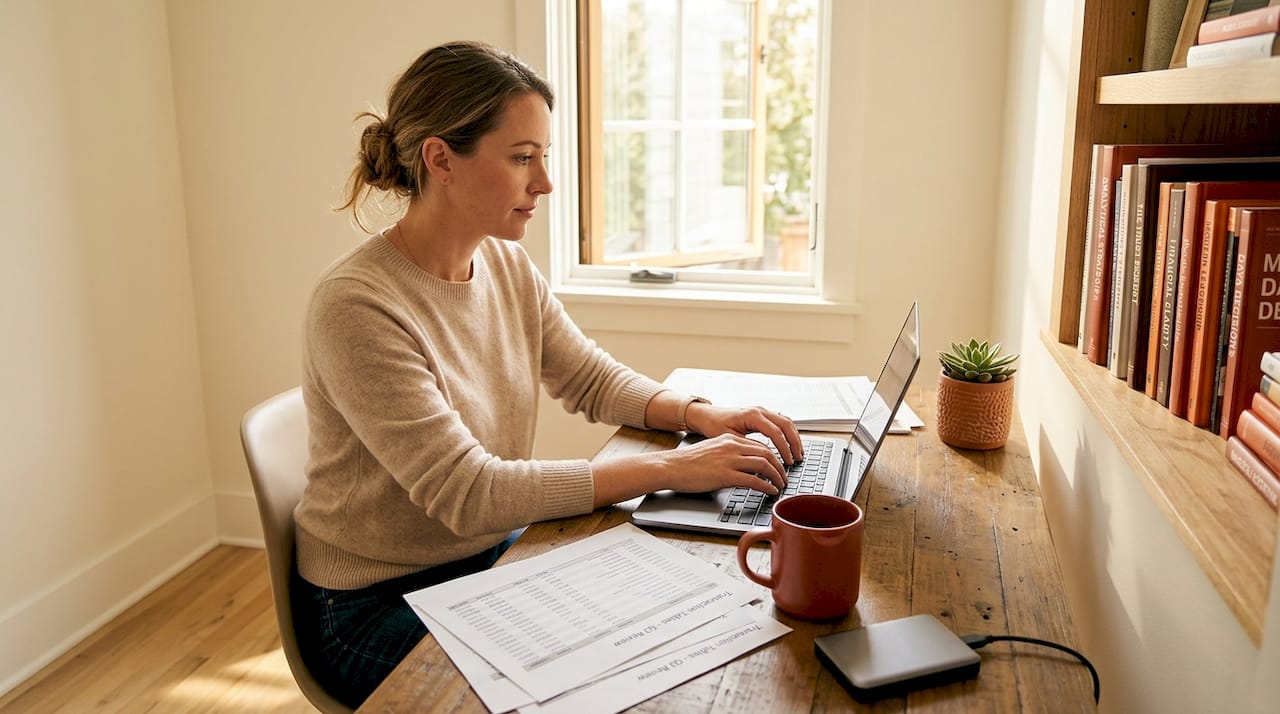 Woman analyzes transaction data in home office