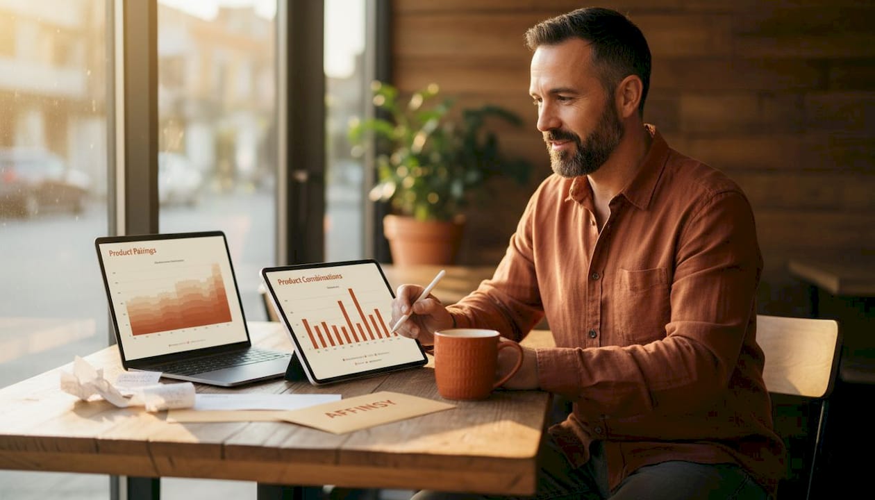 Business owner analyzing product purchase data