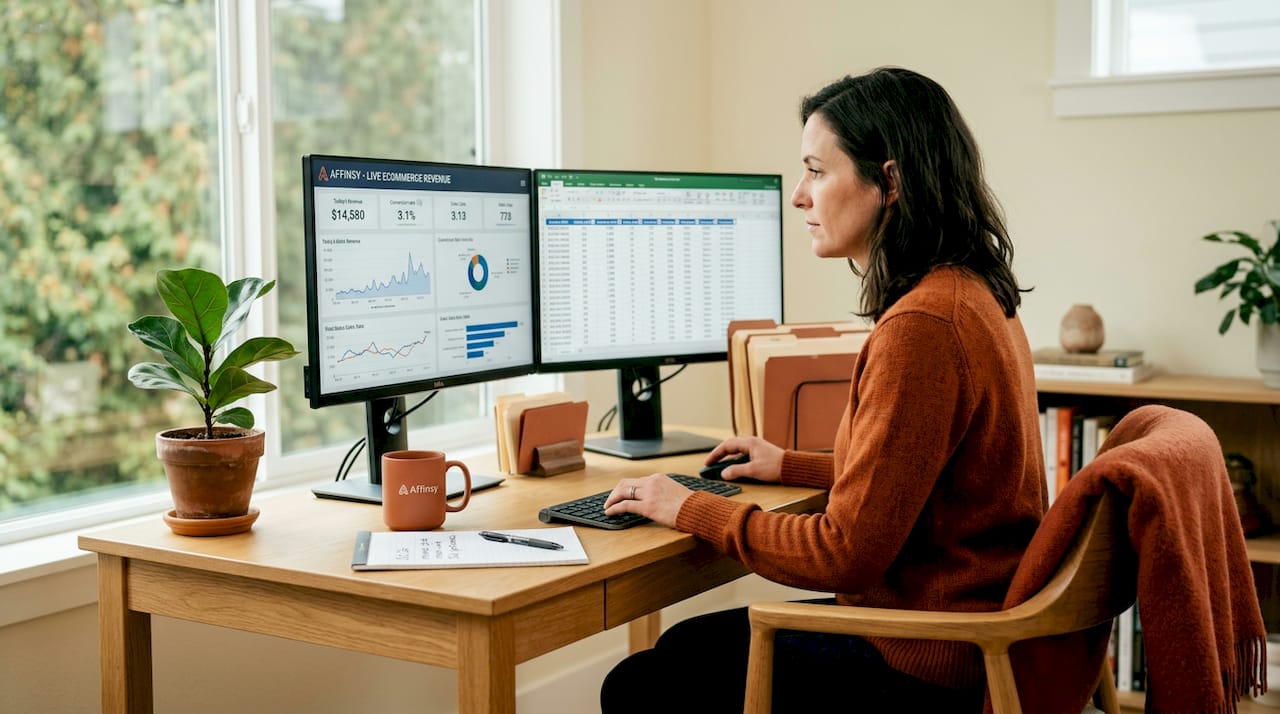 Data analyst reviewing ecommerce metrics on screens