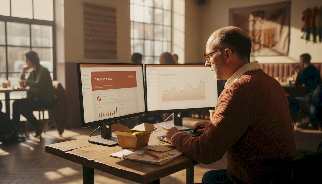 Open-plan office with CRM and analytics screens
