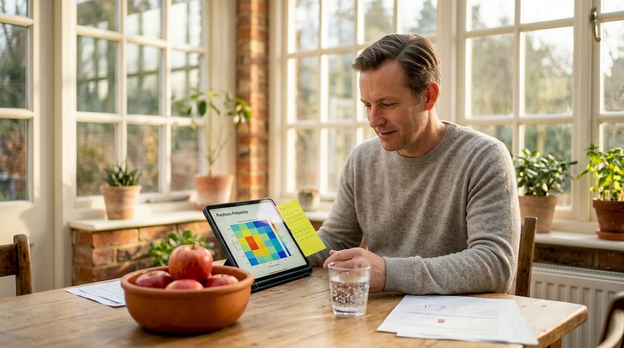 Man checking purchase frequency chart