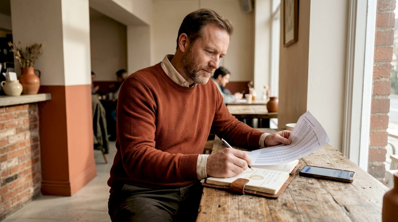 Man reviewing Shopify CSV data in café