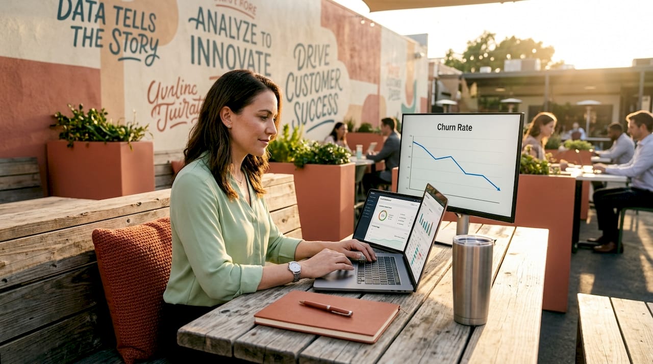 Manager reviewing SaaS churn dashboard workspace