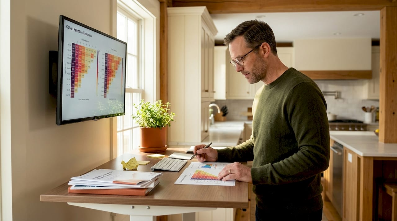 Analyst reviewing cohort retention heatmaps