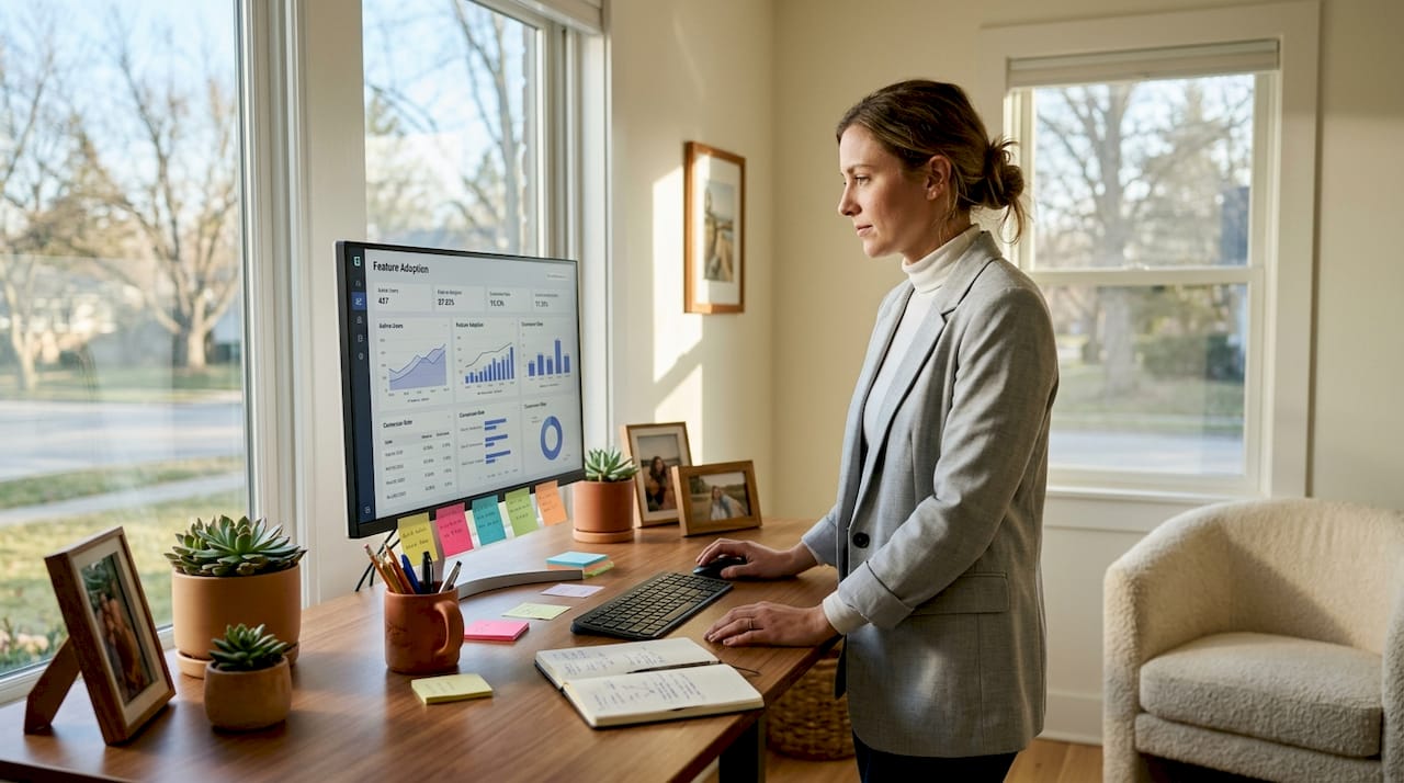 Product manager checking feature adoption metrics